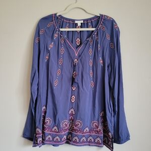 J.Jill Embroidery Western Aztec V-Neck Long Sleeve Blouse Tunic Tassels …